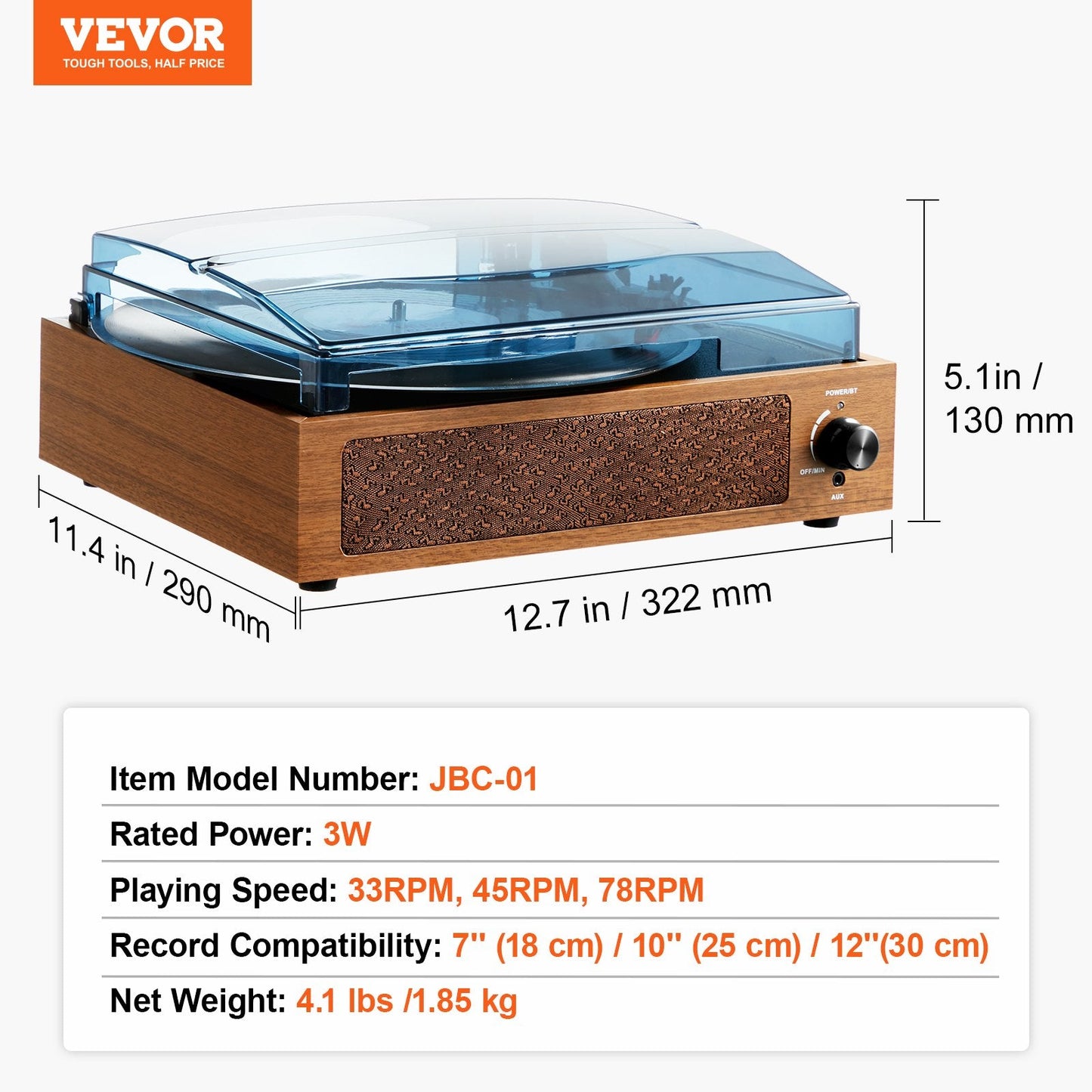 Bluetooth Turntable with Speakers, 3-Speed Vinyl Record Player, Auto Stop