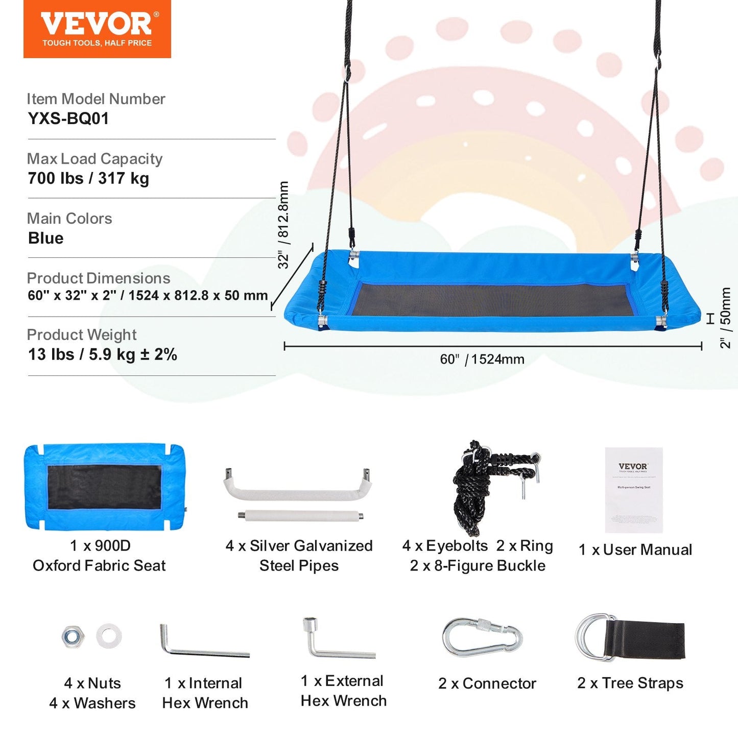 Large Platform Tree Swing for Kids, 1.5m Wide, 317kg Capacity, Easy Installation