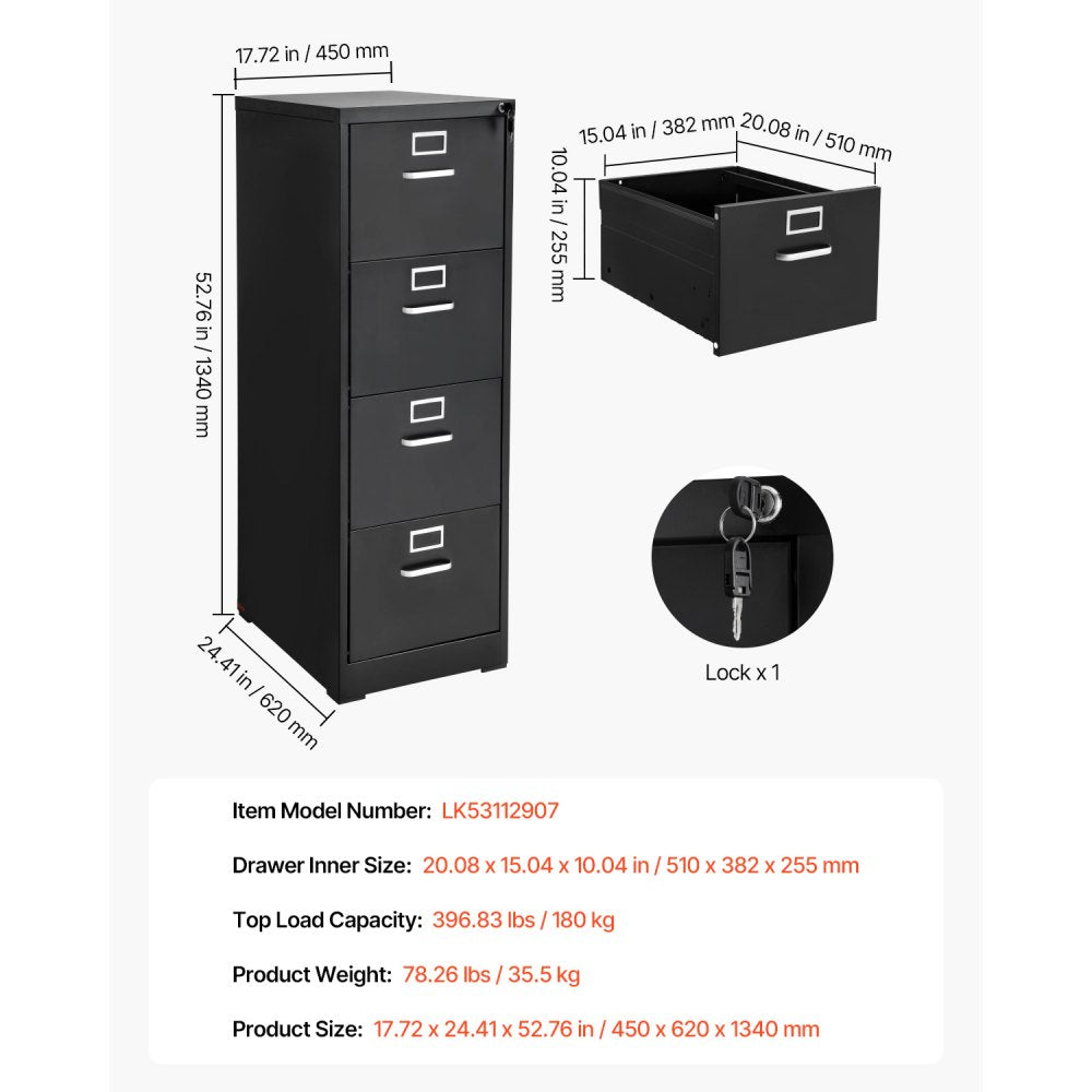 VEVOR 4 Drawer File Cabinet Metal Vertical Cabinet with Lock for Home Office