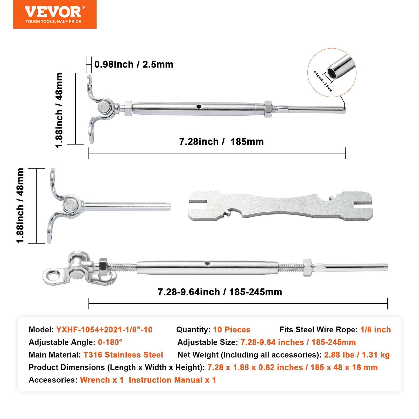 VEVOR T316 Stainless Steel Adjustable Angle 3.2mm Cable Railing Kit/Hardware for