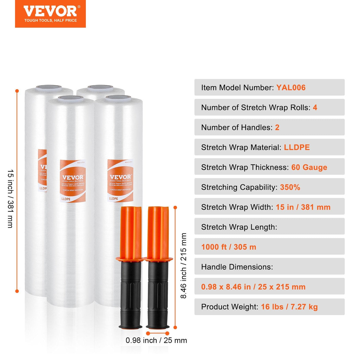 Industrial-Strength Stretch Film, 381 mm x 305 m, 4 Pack, 60 Gauge with Handles