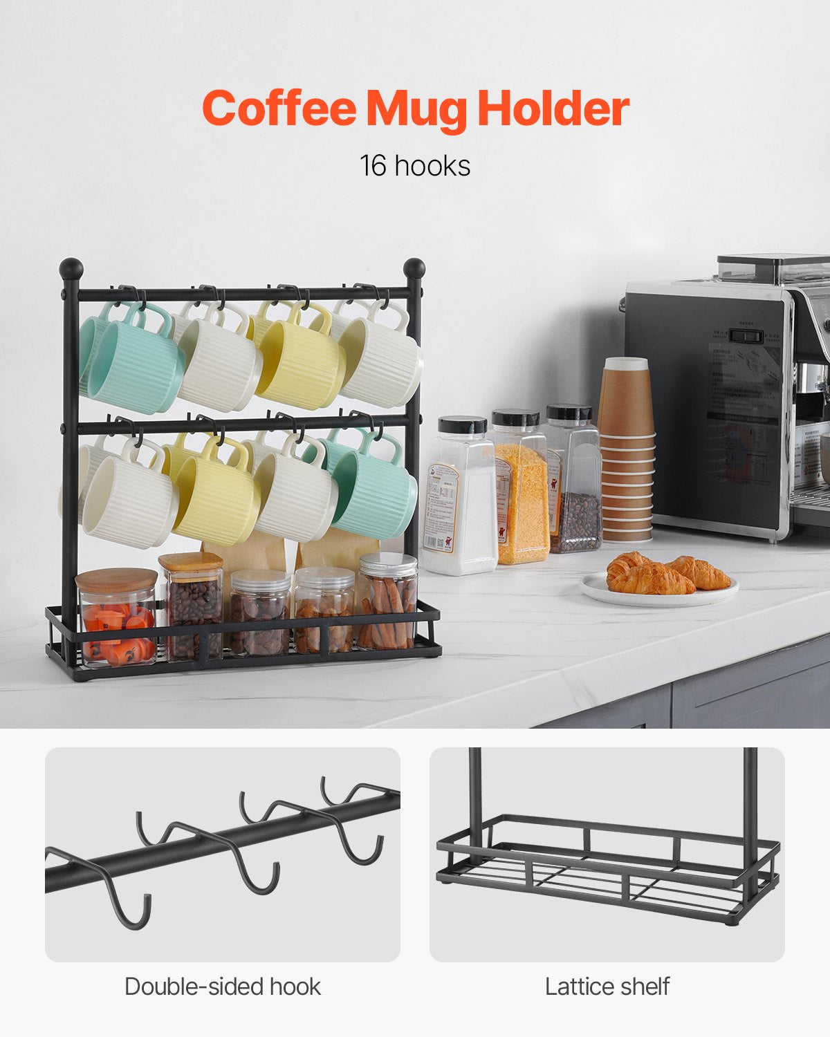 VEVOR Coffee Mug Holder for Countertop 16 Hooks Cup Rack with Storage Base