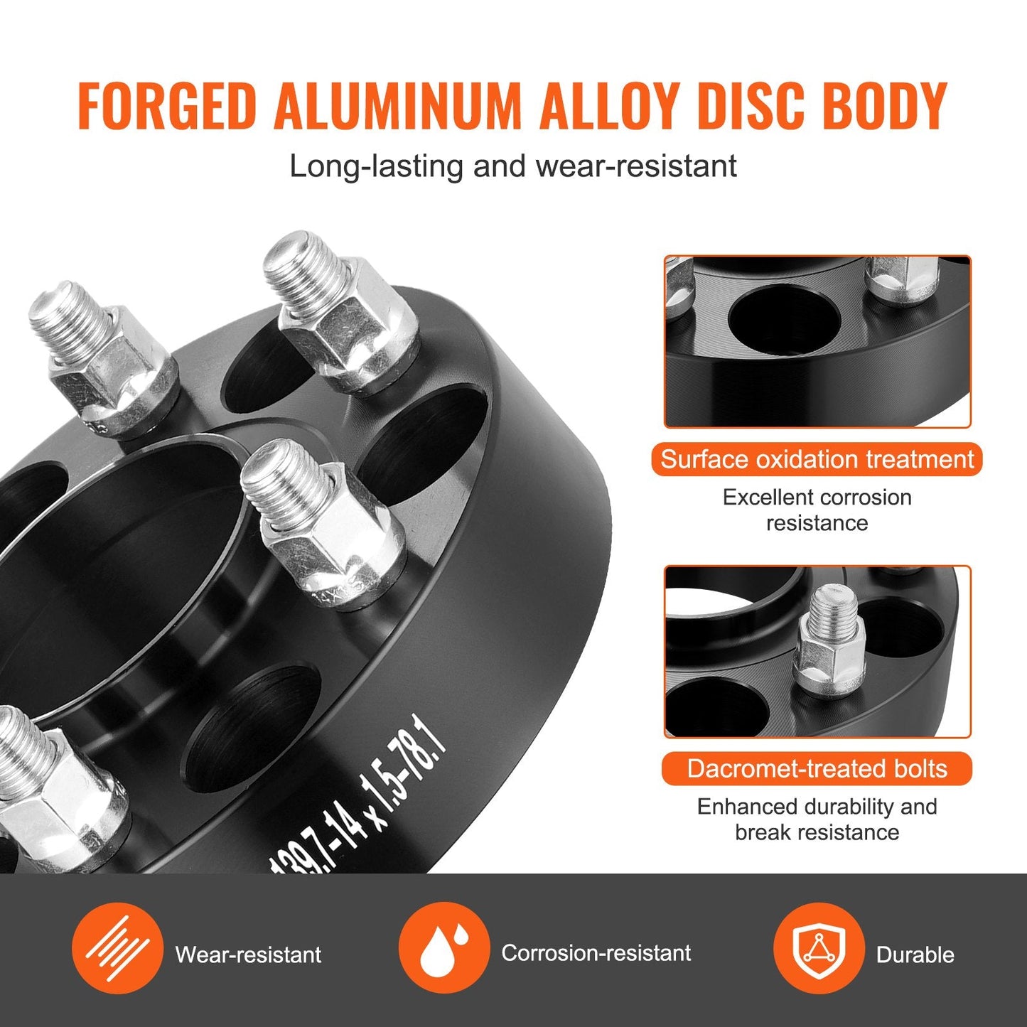 1.5m Wheel Spacers Adapters, 6 Lug, Forged Aluminum, 4 Pack, Black