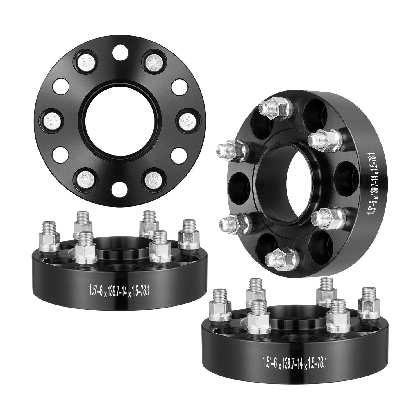 1.5m Wheel Spacers Adapters, 6 Lug, Forged Aluminum, 4 Pack, Black