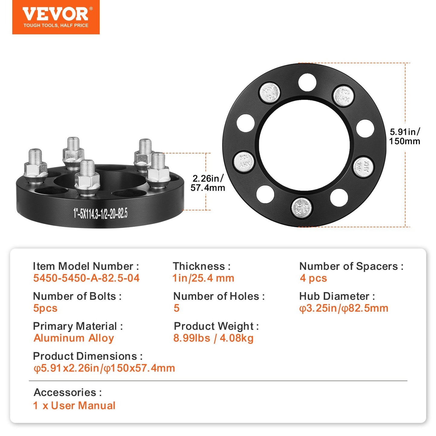 1m x 0.13m Wheel Spacers & Adapters, 5 Lug, Aluminum, Set of 4, Black