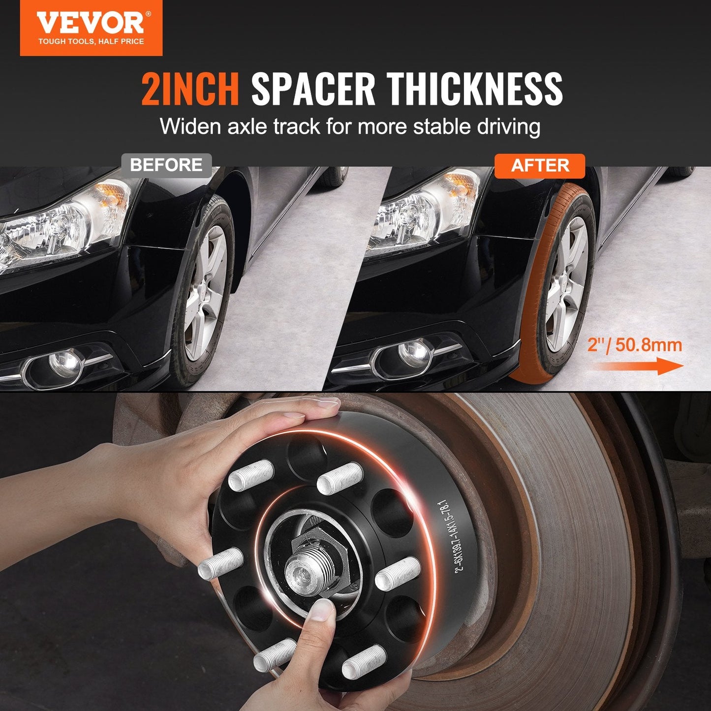 2m x 5.5m 6-Lug Wheel Spacers - Set of 4, Black, Durable Aluminum Alloy