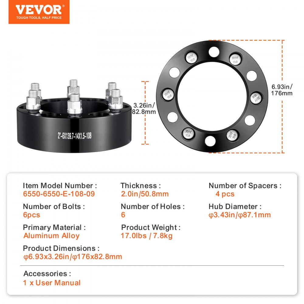 VEVOR 2" 6"x5.5" Wheel Spacers Wheel Adapters 6 Lug Forged Spacer 4 PCS Black
