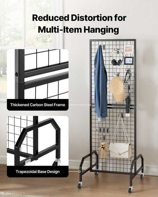 Grid Wall Panel, 600 x 1640 mm Wire Grid Panels Display Rack, Movable Art Display Shelf with Wheels and 10 Hooks, Black Carbon Steel Gridwall for Craft Show, Decoration, Storage, Notice Board