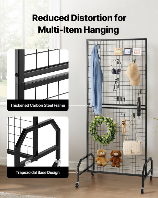 2 Packs Grid Wall Panels, 898 x 1798 mm Wire Grid Panels Display Rack, Movable Art Display Shelf with Wheels & 10 Hooks, Black Carbon Steel Gridwall for Craft Show, Decor, Storage, Notice Board