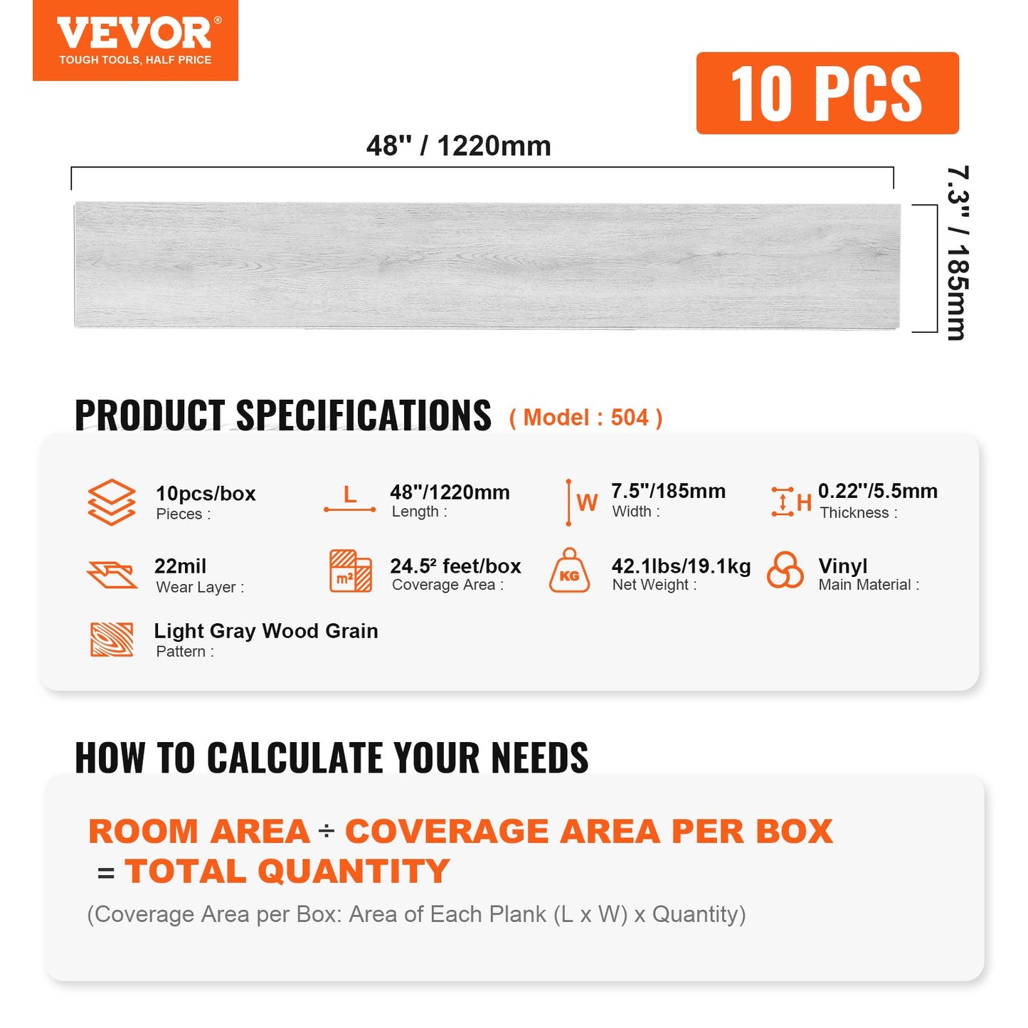 VEVOR Interlocking Vinyl Floor Tiles 48 x 7.3 inch, 10 Tiles 5.5mm Thick Snap Together,