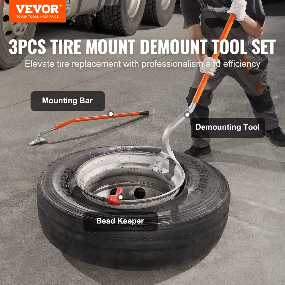 VEVOR Tire Mount Demount Tool, 571-622 mm Manual Steel Tire Changer Mount Demount Removal Tool, with Extra Bead Keeper, Tubeless Truck Bead Breaker, 3 PCS Tire Changing Tools, Orange