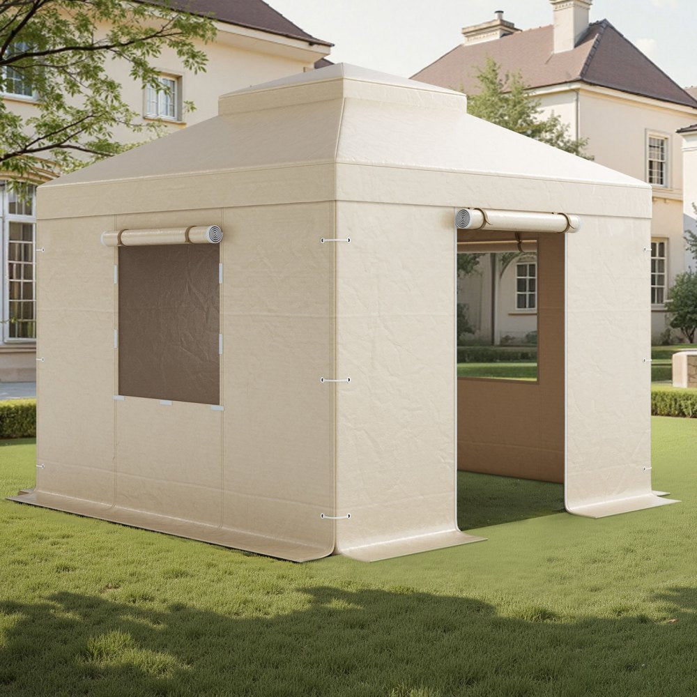 Winter Gazebo Cover Fits 3.05 x 3.05 m Hardtop Gazebos, All-Weather Double-Tiered Gazebo Cover with Sidewalls & Windows, High-Density PE Enclosed Storage Shelter Covers, Gazebos not Included