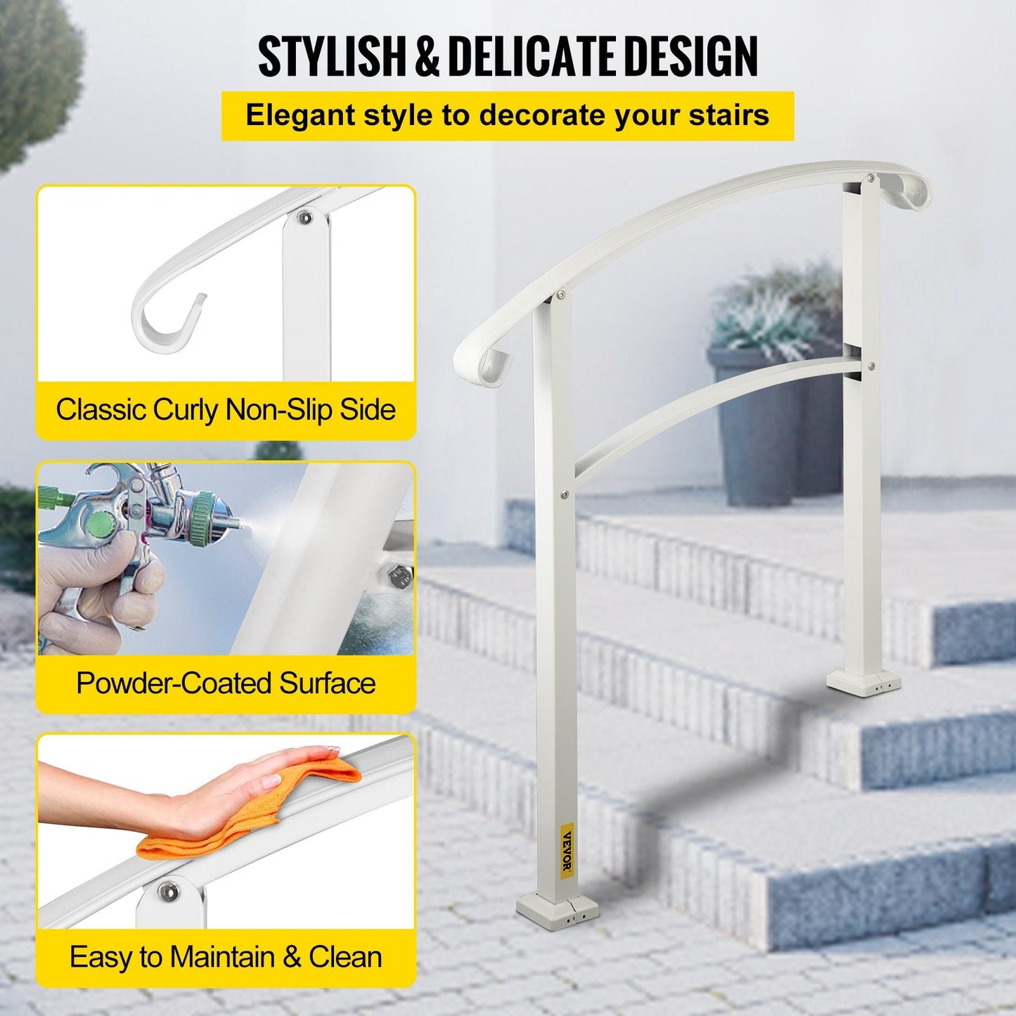 Elegant Matte White Wrought Iron Handrail for 3 Outdoor Steps, 97 cm Height
