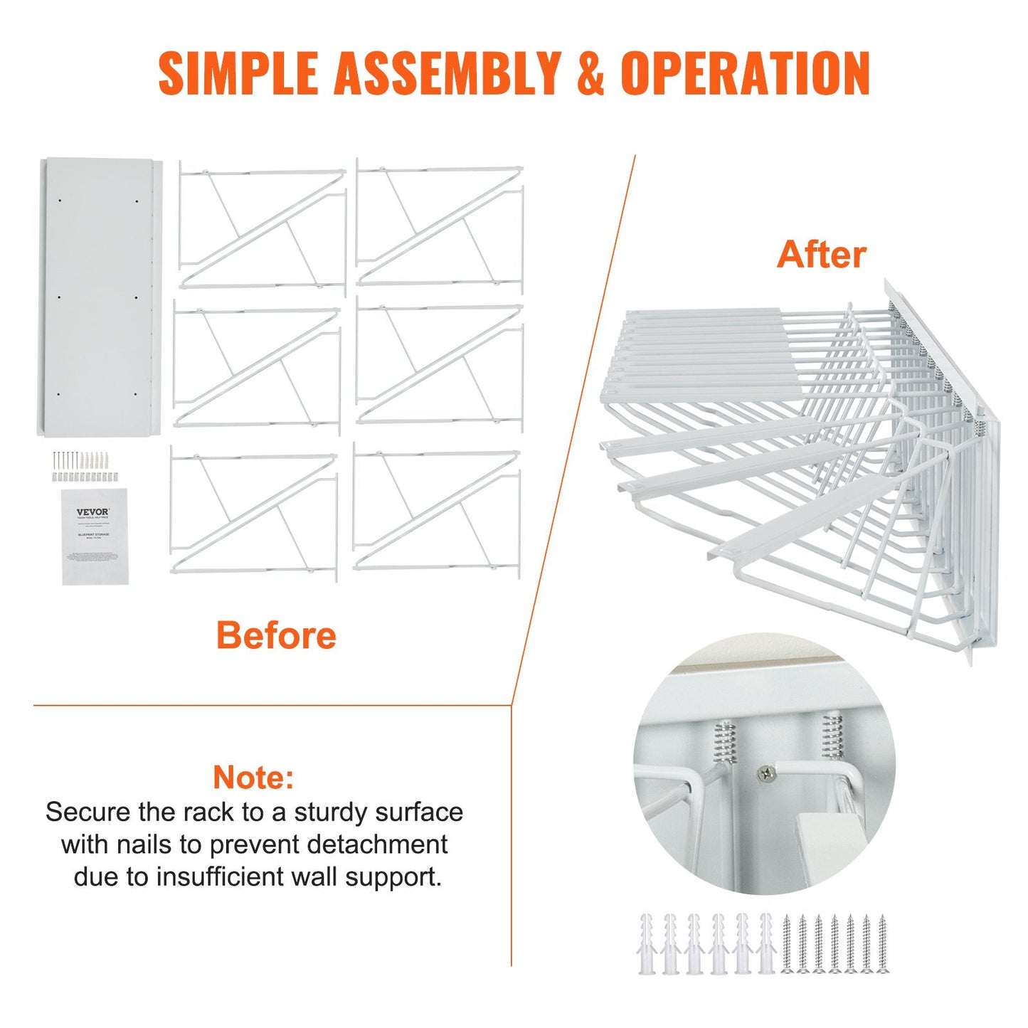 Wall-Mounted Blueprint Storage Rack with 12 Pivot Brackets, 6.95 kg Capacity