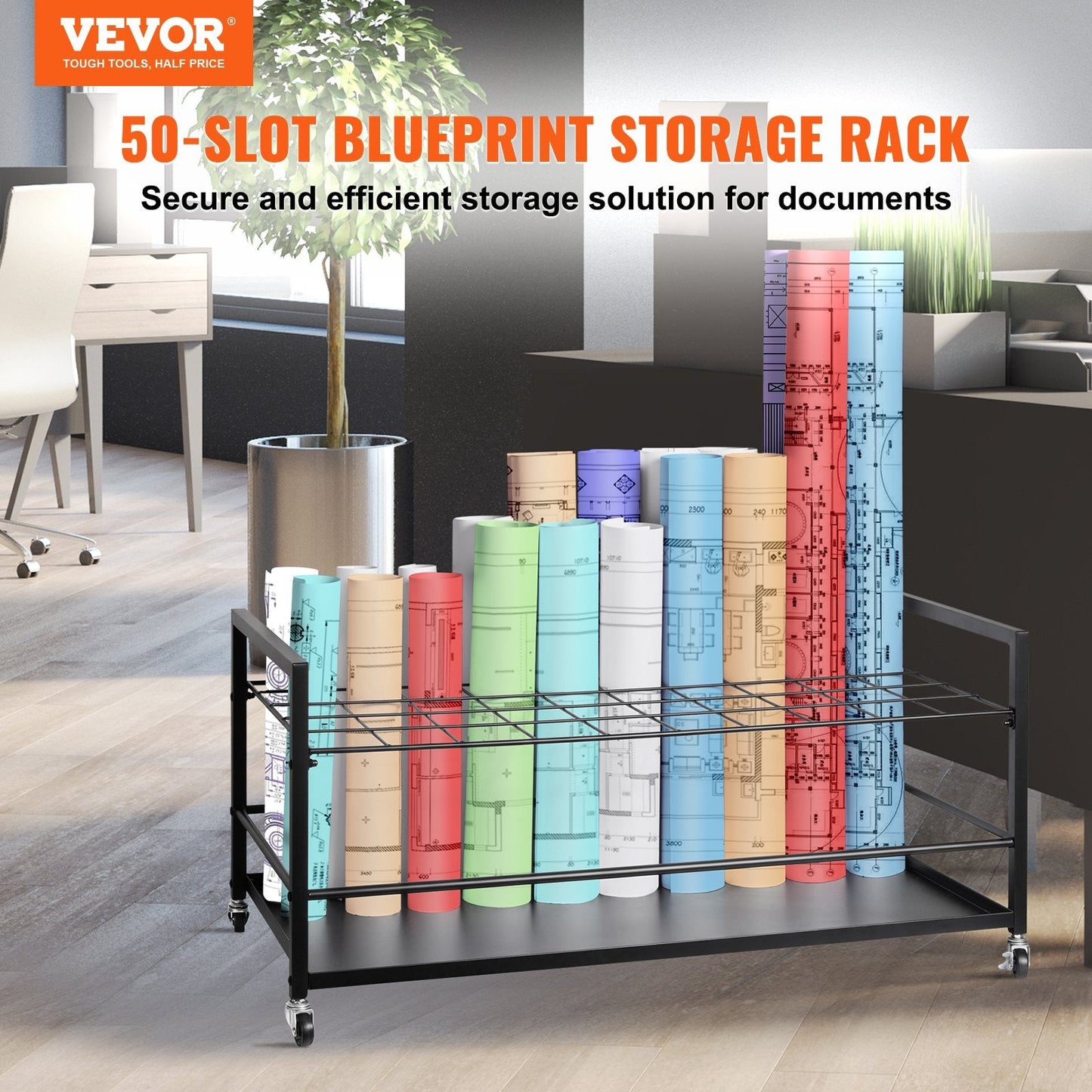 Mobile Architectural Blueprint Roll File Holder, 50 Slots, Metal, 6.6 kg, Black