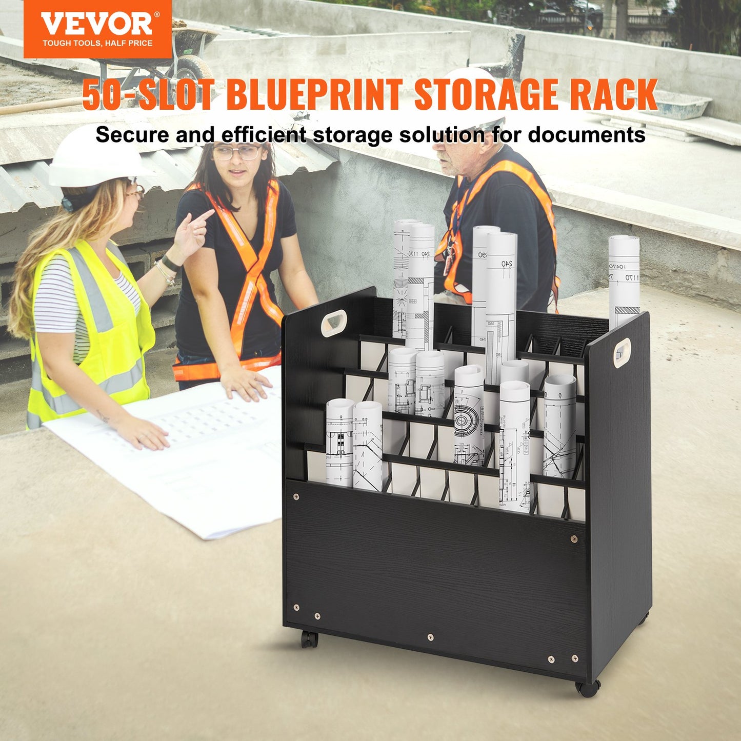 VEVOR Blueprint Roll File Holder 50 Slots Mobile Wooden Blueprint Storage Cart