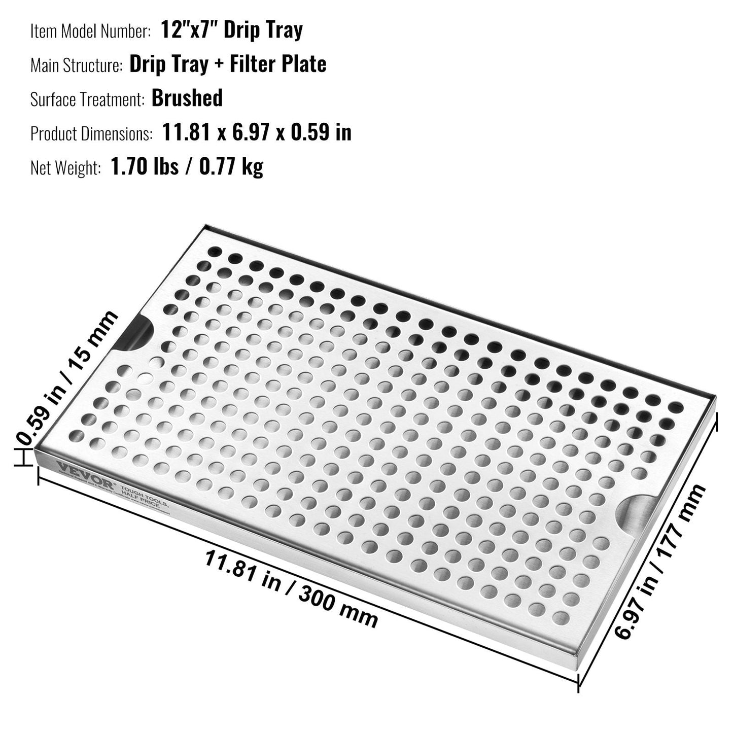 Stainless Steel Kegerator Drip Tray with Non-Slip Pads, 0.3m x 0.18m