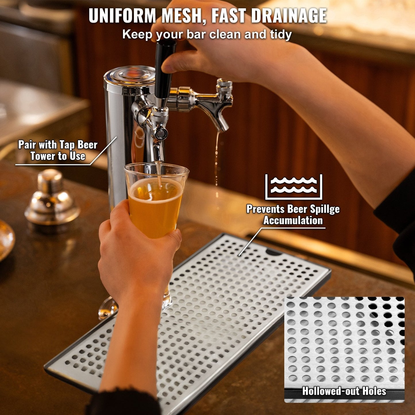 Stainless Steel Beer Drip Tray with Non-Slip Pads - Easy Clean, Quick Drainage