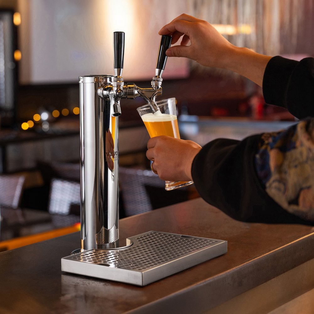 Kegerator Tower Kit, Dual Taps Beer Conversion Kit, Stainless Steel Keg Beer Tower Dispenser with Dual Gauge W21.8 Regulator & A-System Keg Coupler, Beer Drip Tray for Party Home