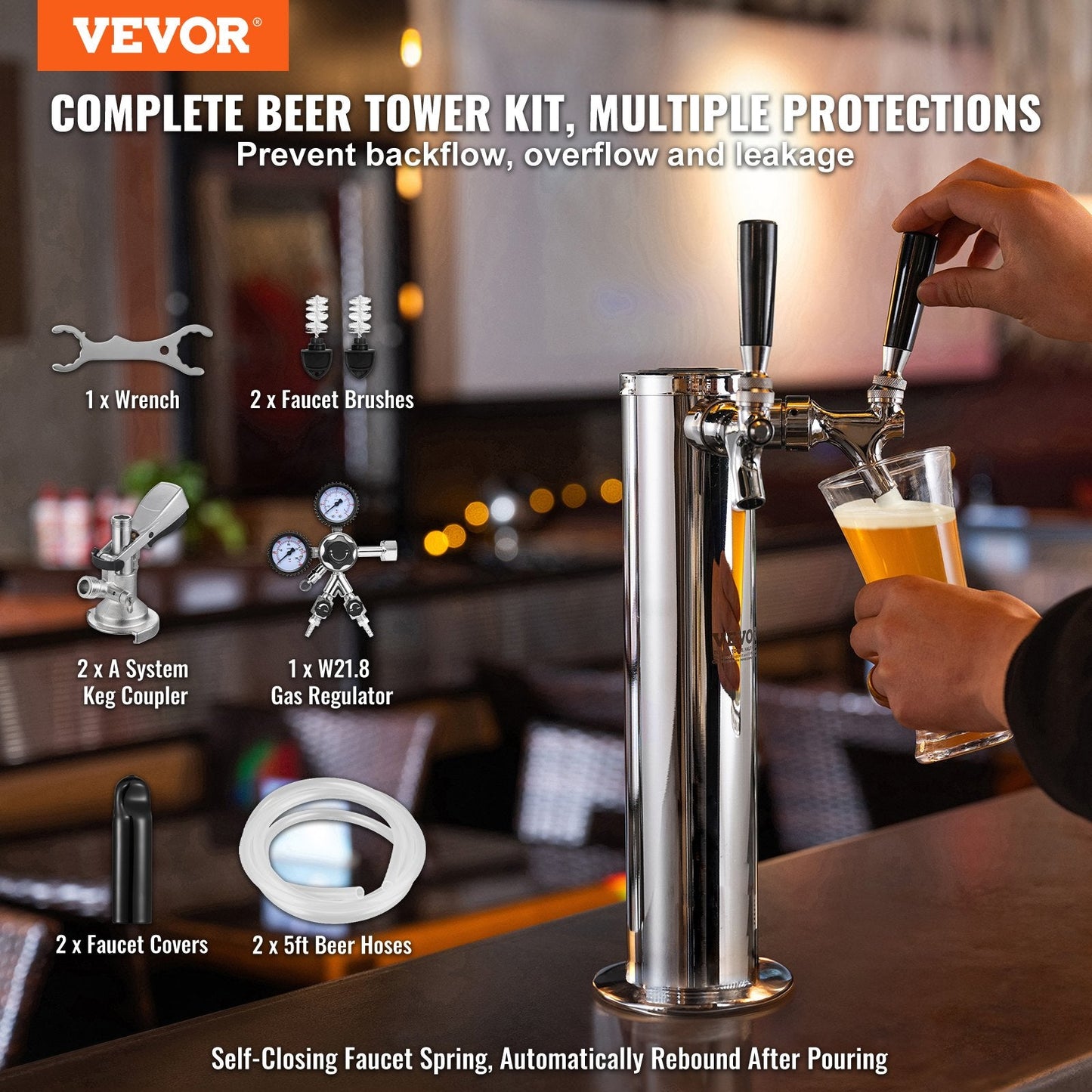 Dual Tap Stainless Steel Beer Tower Kit with Regulator & Keg Coupler, 0.43m