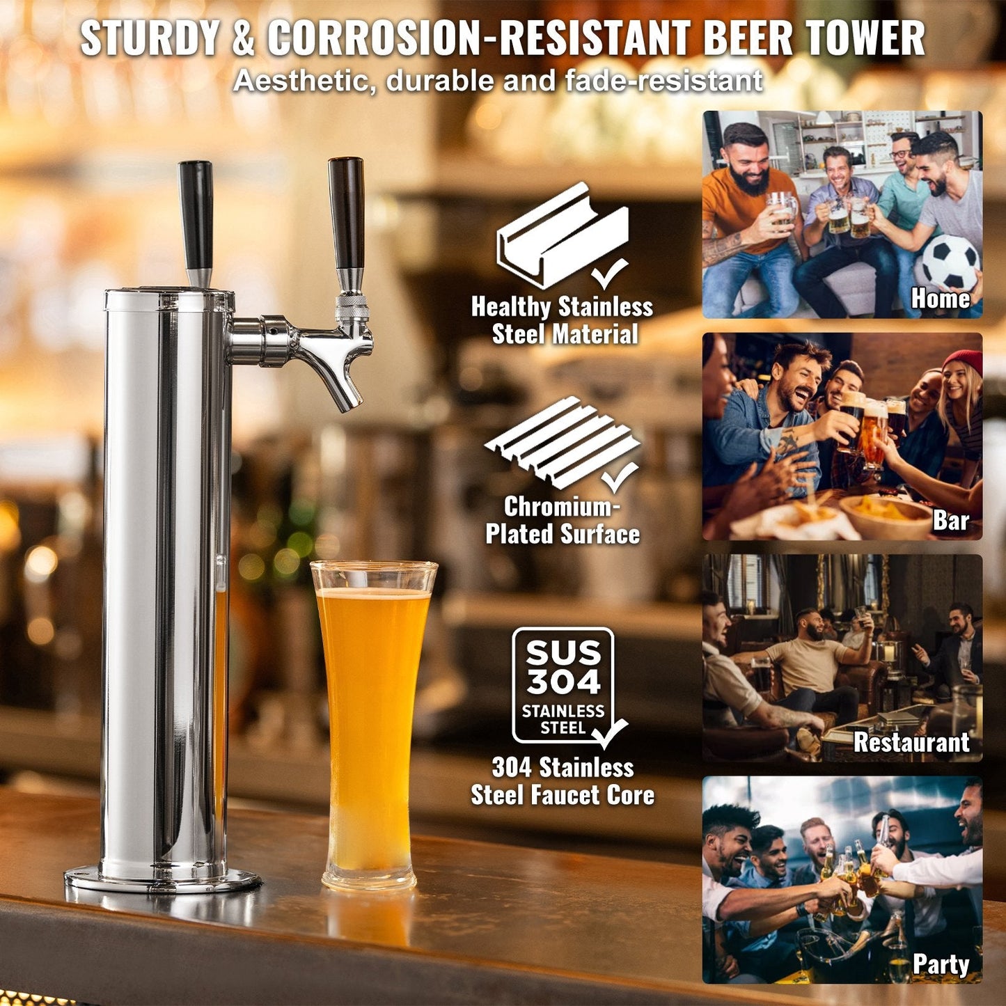 Dual Tap Stainless Steel Beer Tower Kit with Regulator & Keg Coupler, 0.43m