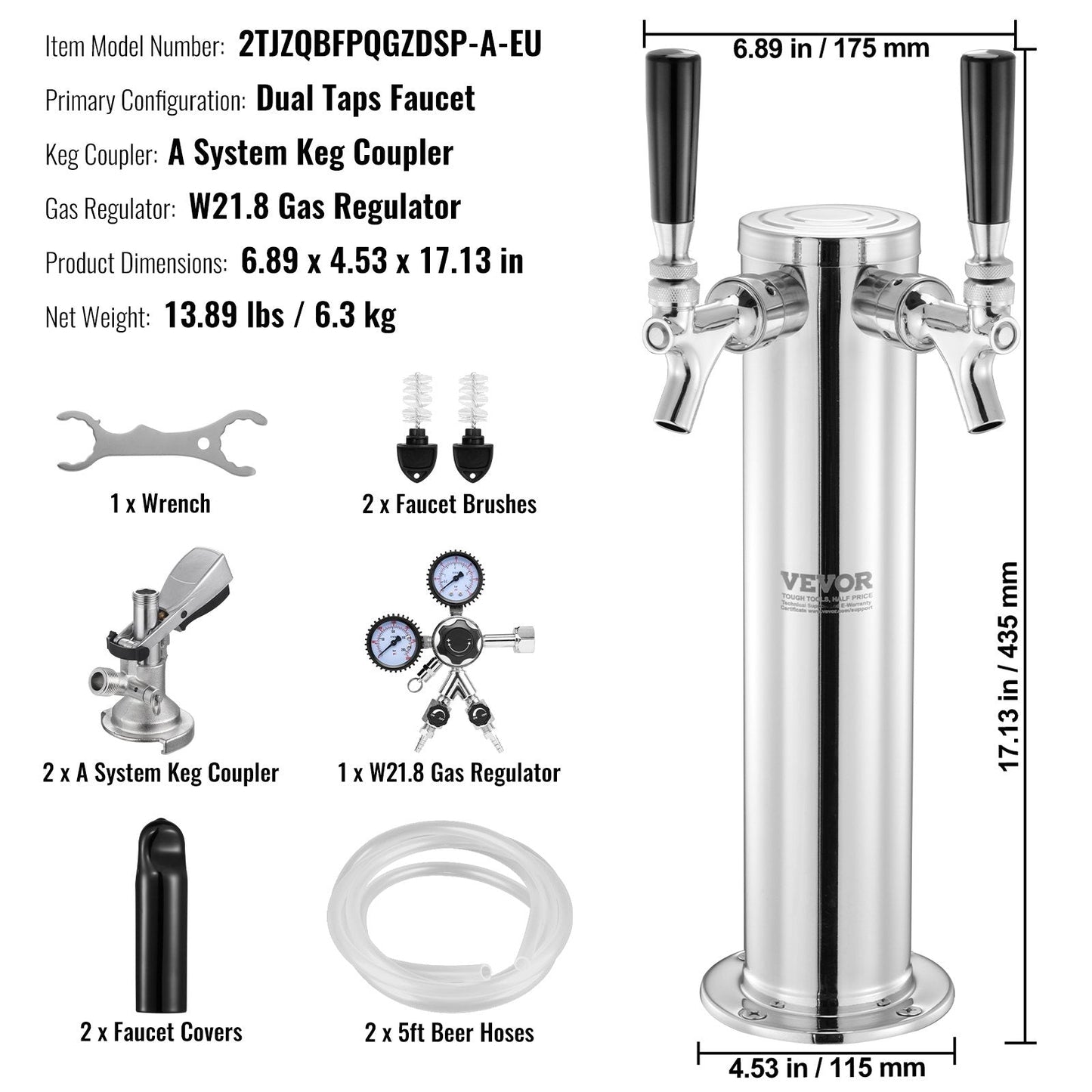 Dual Tap Stainless Steel Beer Tower Kit with Regulator & Keg Coupler, 0.43m