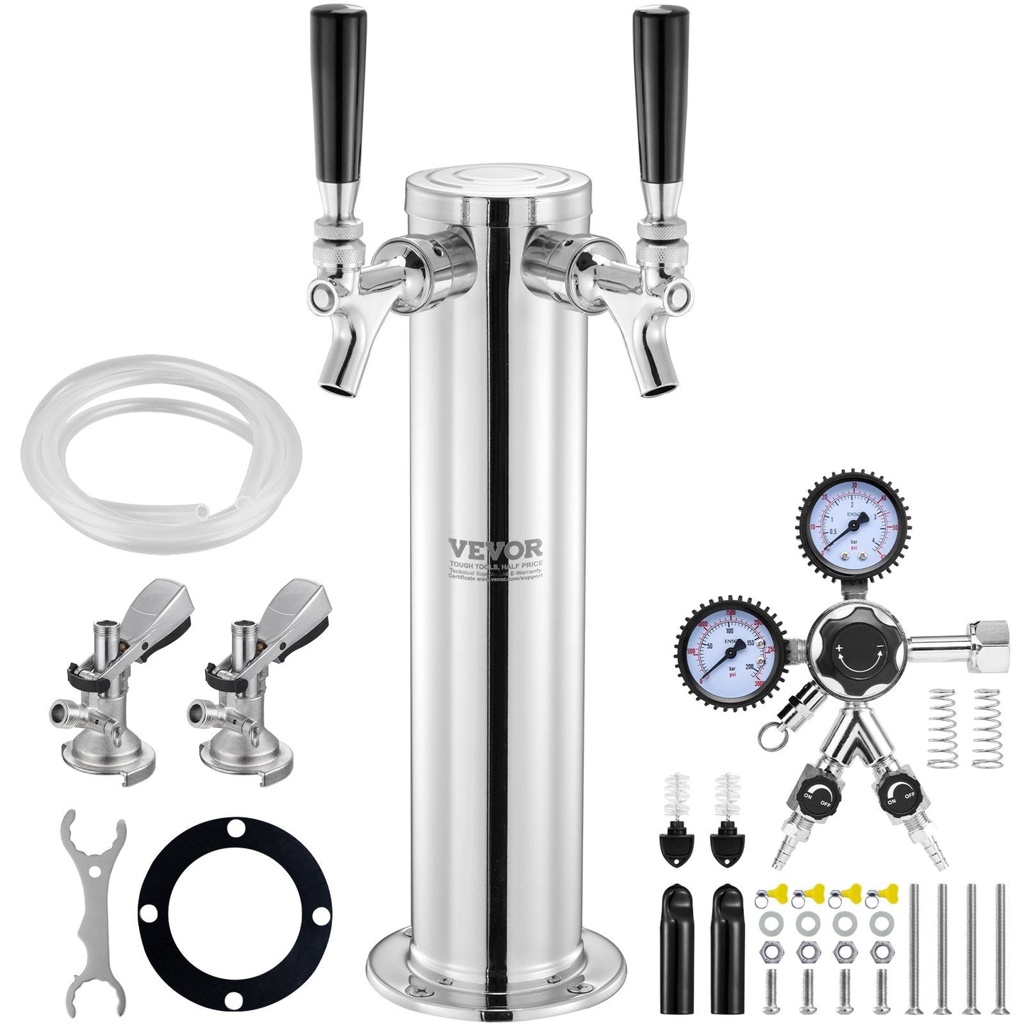 Dual Tap Stainless Steel Beer Tower Kit with Regulator & Keg Coupler, 0.43m