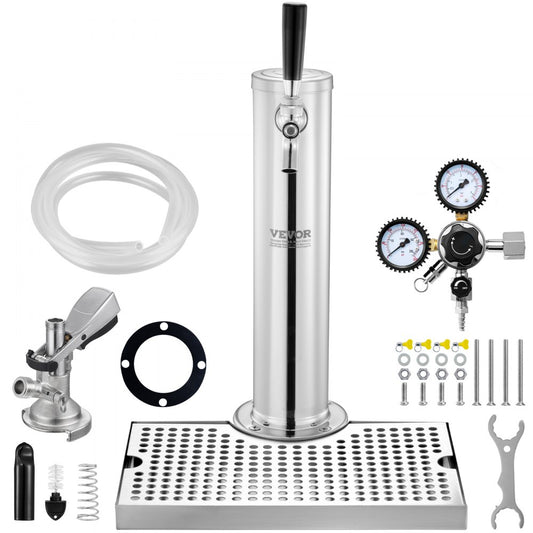 Kegerator Tower Kit, Single Tap Beer Conversion Kit, Stainless Steel Keg Beer Tower Dispenser with Dual Gauge W21.8 Regulator & A-System Keg Coupler, Beer Drip Tray for Party Home