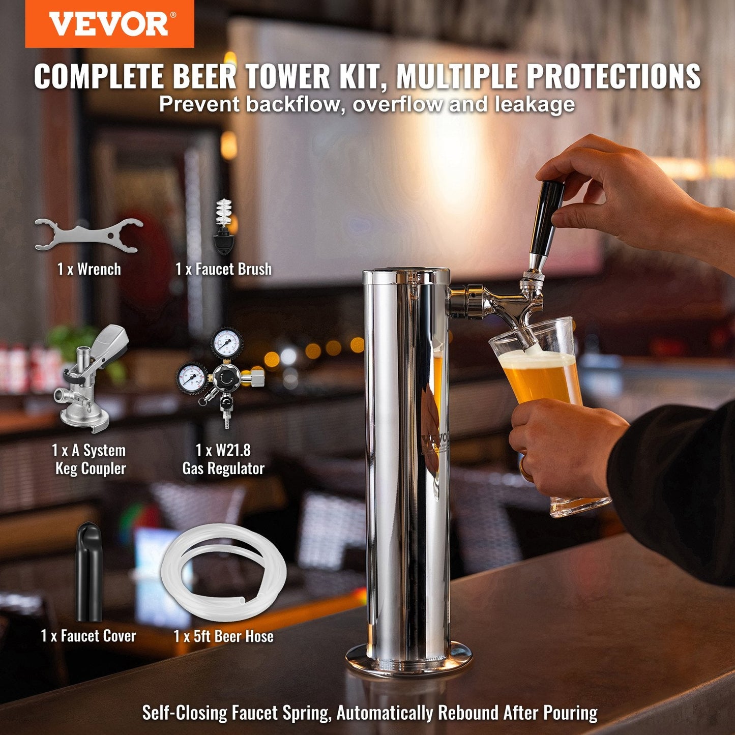 Single Tap Beer Tower Kit with Stainless Steel Dispenser and Dual Gauge Regulator