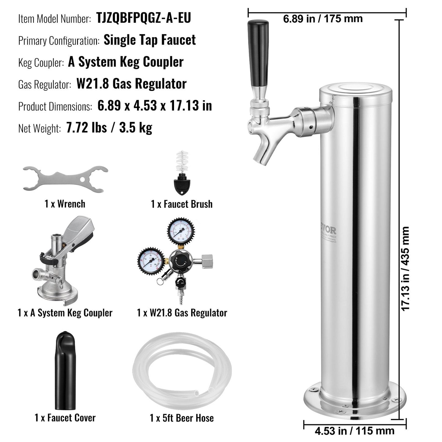Single Tap Beer Tower Kit with Stainless Steel Dispenser and Dual Gauge Regulator