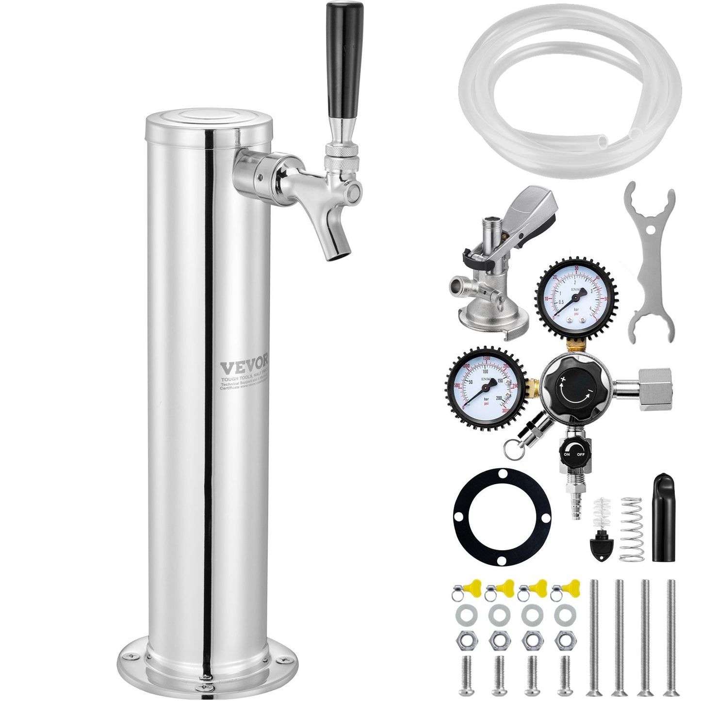 Single Tap Beer Tower Kit with Stainless Steel Dispenser and Dual Gauge Regulator