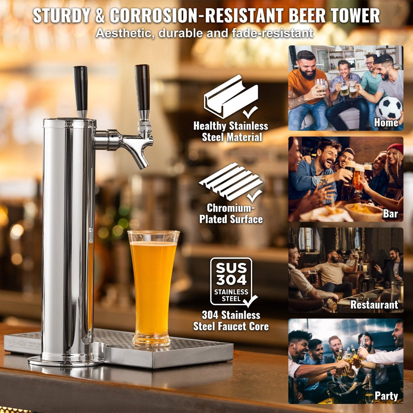 Dual Tap Stainless Steel Beer Dispenser Tower, 0.43m, for Kegerator & Countertop