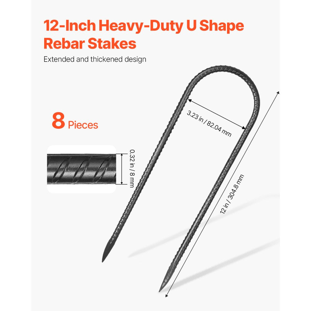 VEVOR 304.8 mm 8 Pack Rebar Stakes Heavy Duty U Shape Galvanized Ground Anchors