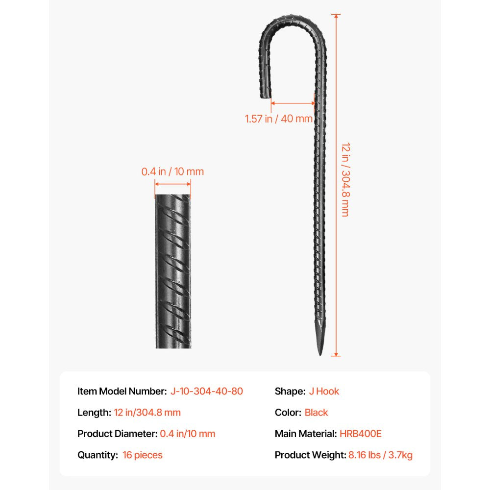 304.8 mm 16 Pack Rebar Stakes Heavy Duty J Hook Galvanized Ground Anchors