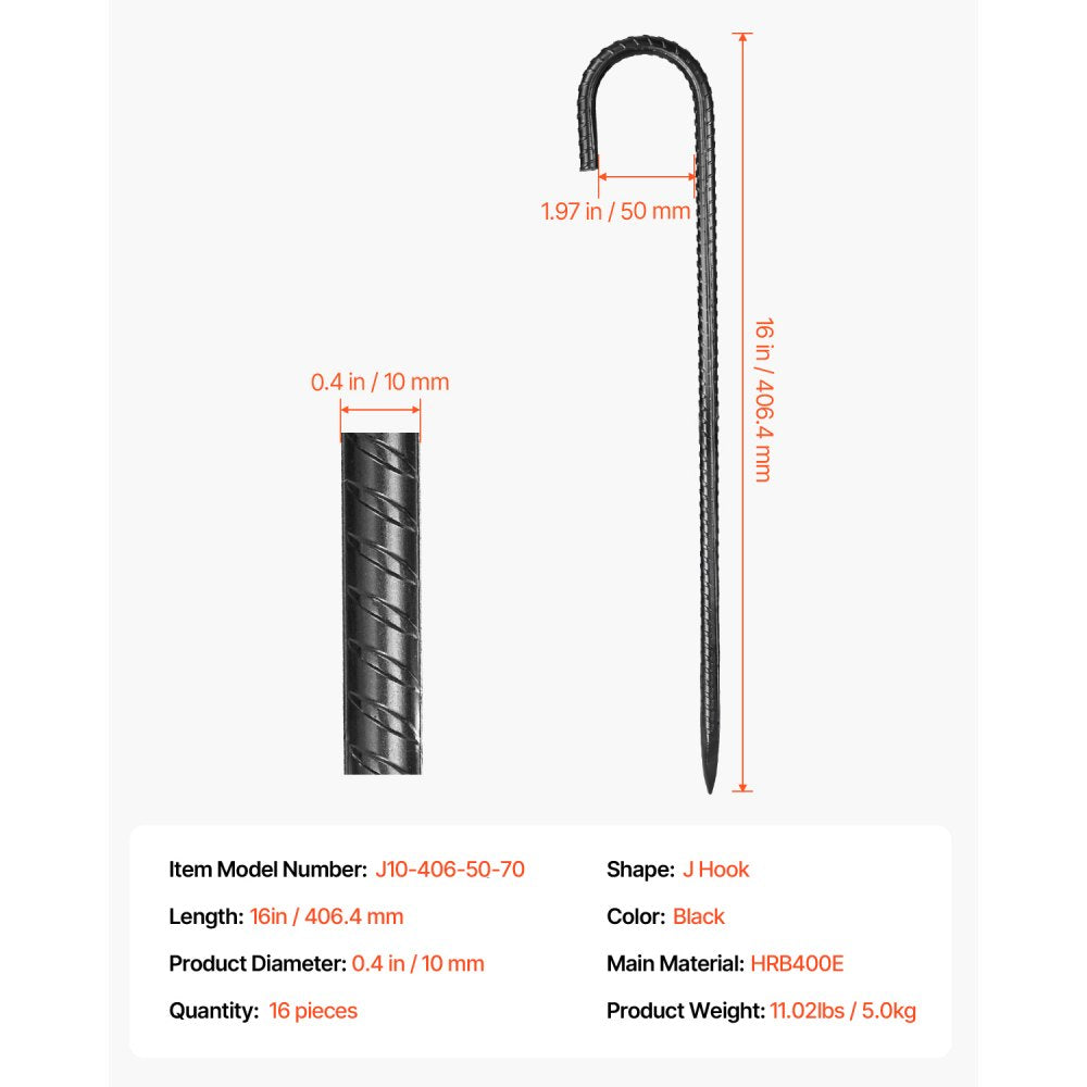 406.4 mm 16 Pack Rebar Stakes Heavy Duty J Hook Galvanized Ground Anchors