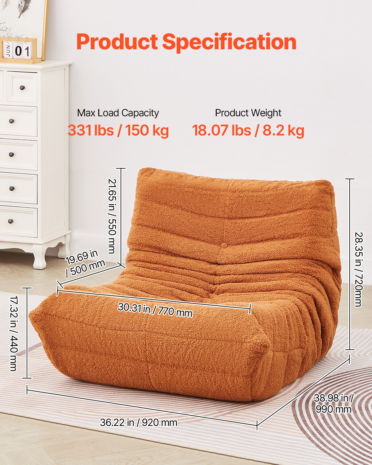 VEVOR L-Shaped Bean Bag Chair with Soft Armrests and Storage Pocket Brown