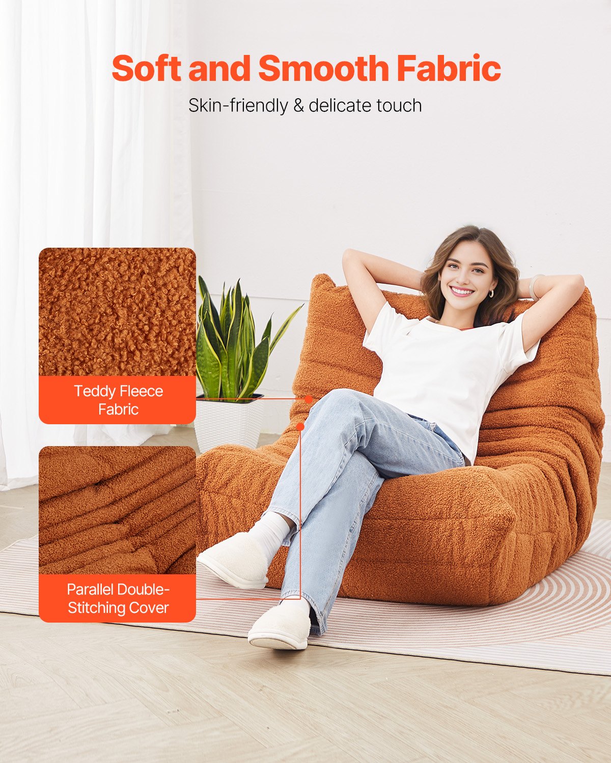 VEVOR L-Shaped Bean Bag Chair with Soft Armrests and Storage Pocket Brown