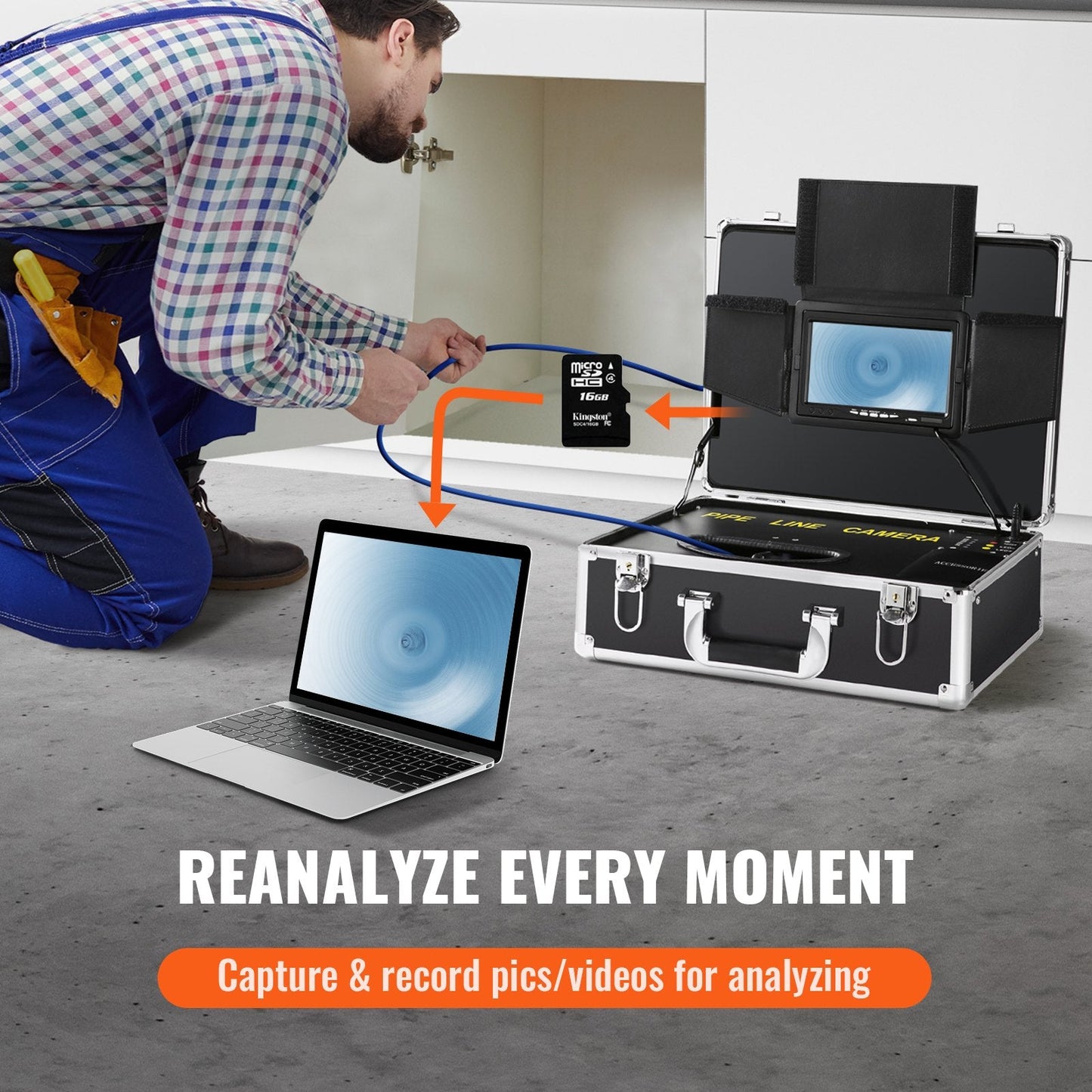 30m Pipeline Inspection Camera with 7" Screen and DVR, Waterproof IP68