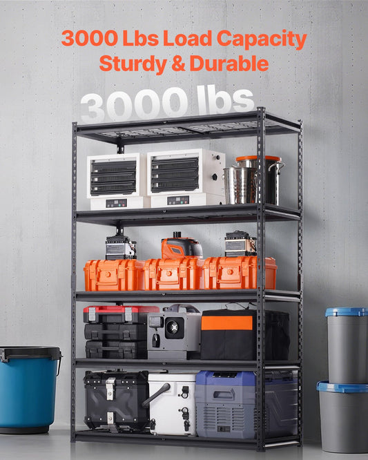 Each adjustable metal shelf holds up to 600 pounds for organized storage of heavy equipment and supplies