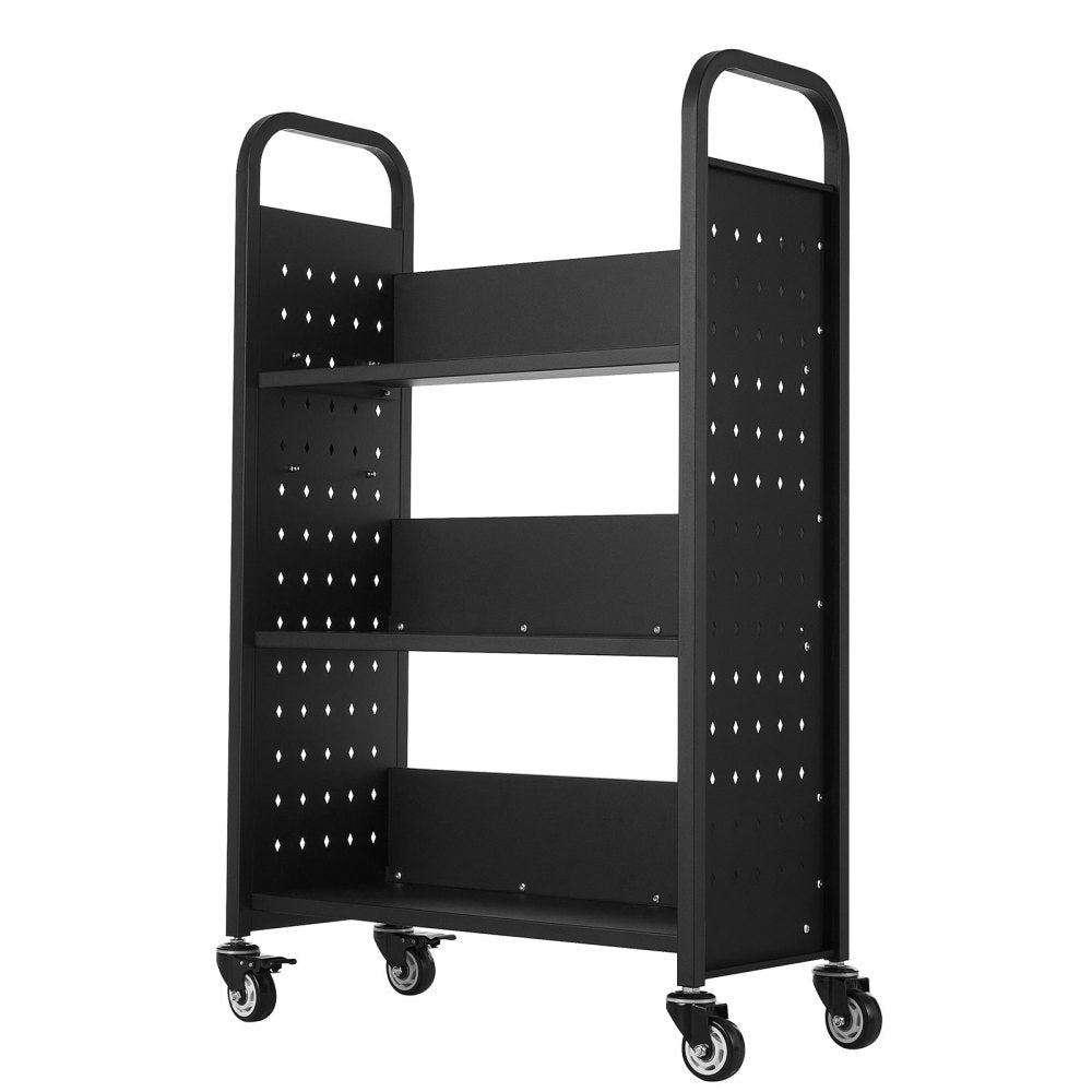3-Tier Rolling Book Cart Single Sided L-Shaped Shelves Book Truck in Black