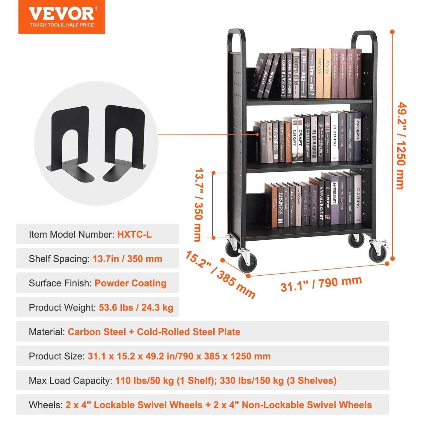 Rolling Library Cart with L-Shaped Shelves, 150 kg Capacity, 0.79 x 0.38 x 1.25 m