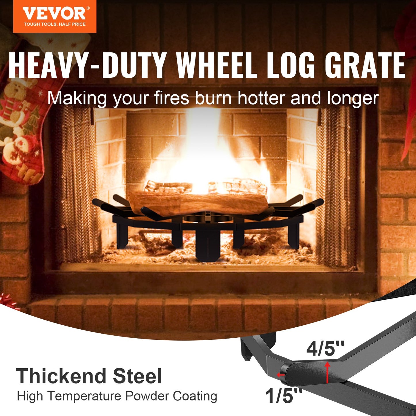 VEVOR Log Grate, 27 inch Heavy Duty Wheel Fire Grate with 6 Support Legs, Solid