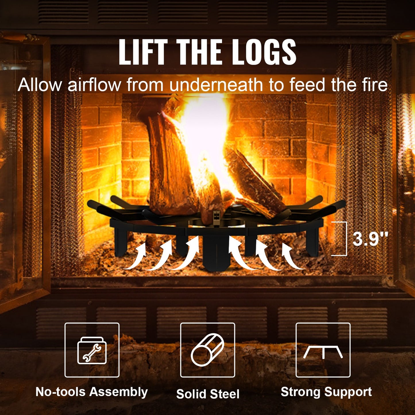 VEVOR Log Grate, 27 inch Heavy Duty Wheel Fire Grate with 6 Support Legs, Solid