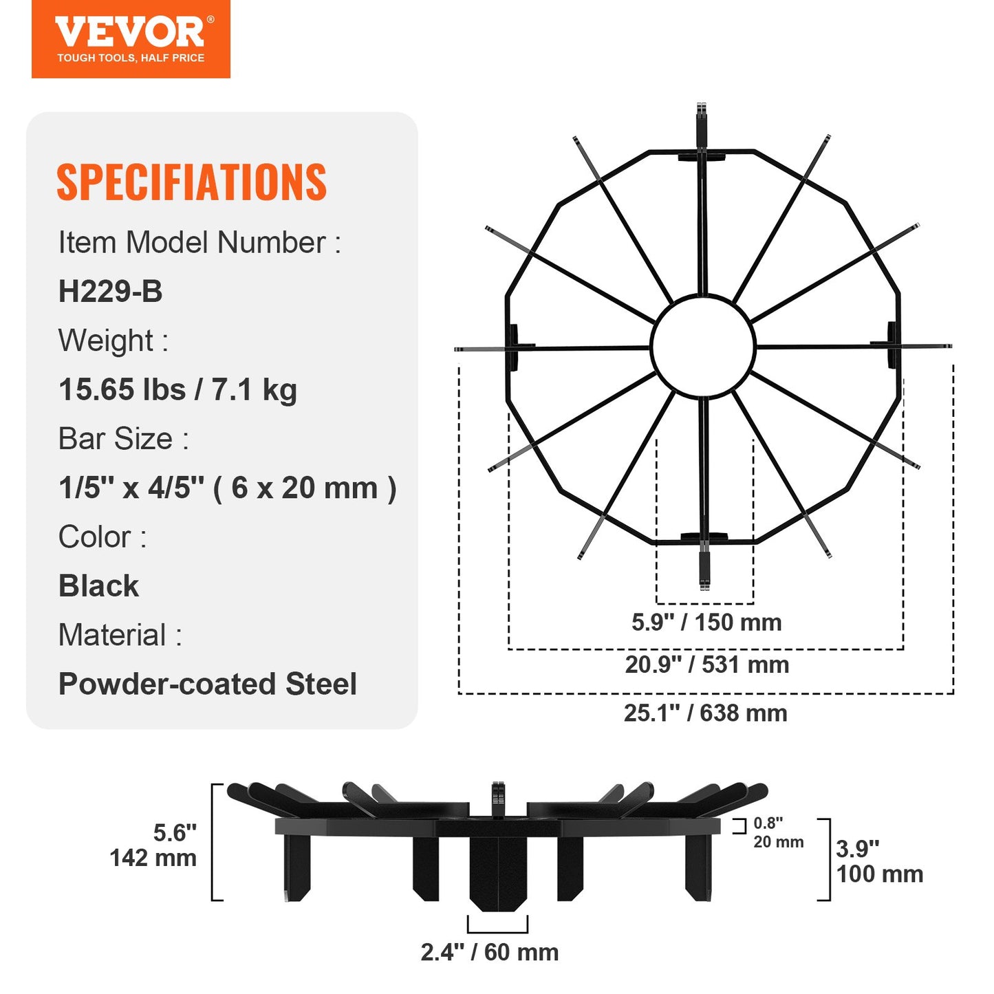 VEVOR Log Grate, 27 inch Heavy Duty Wheel Fire Grate with 6 Support Legs, Solid