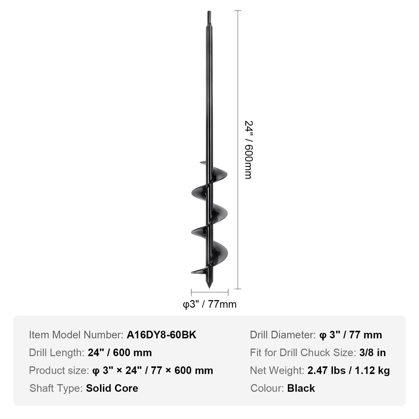 Garden Auger Drill Bit, 77mm x 600mm, for Planting and Hole Digging