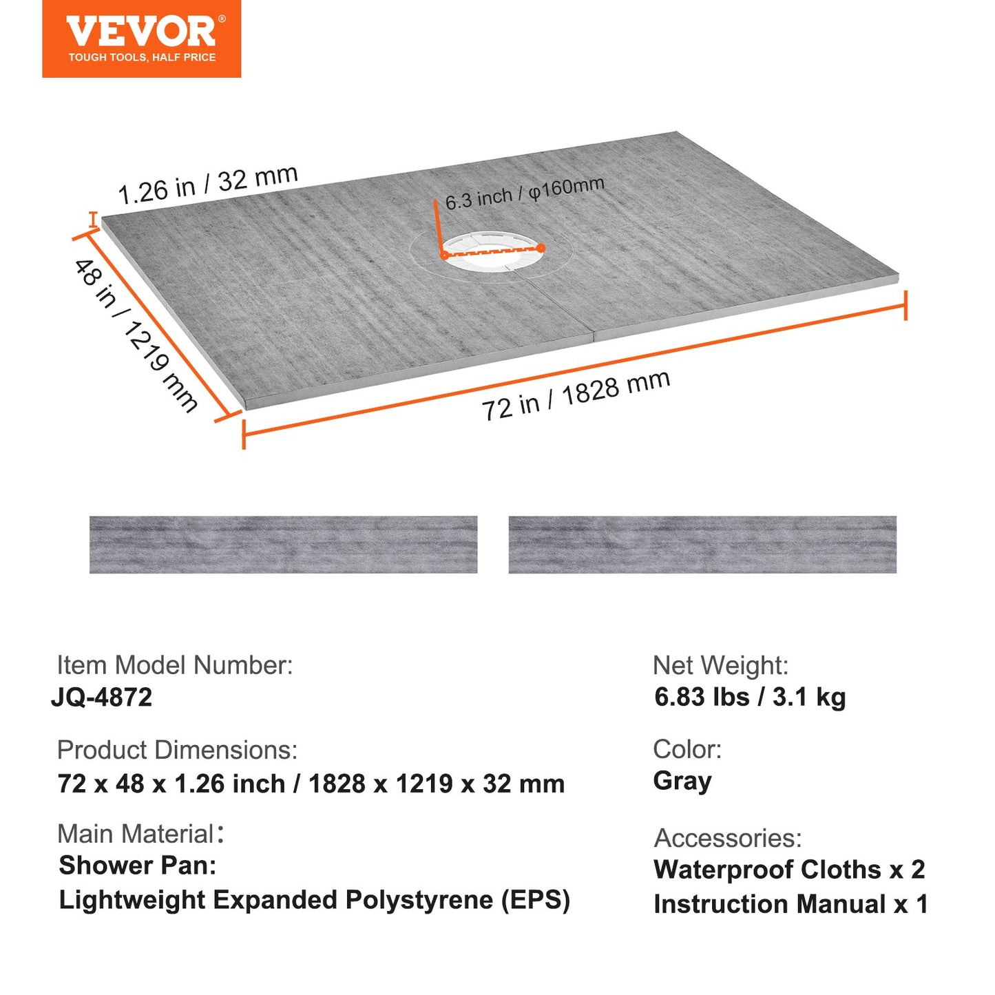 VEVOR Shower Curb Kit, 1219x1828mm Shower Pan Kit with 160mm Central Drain, Lightweight