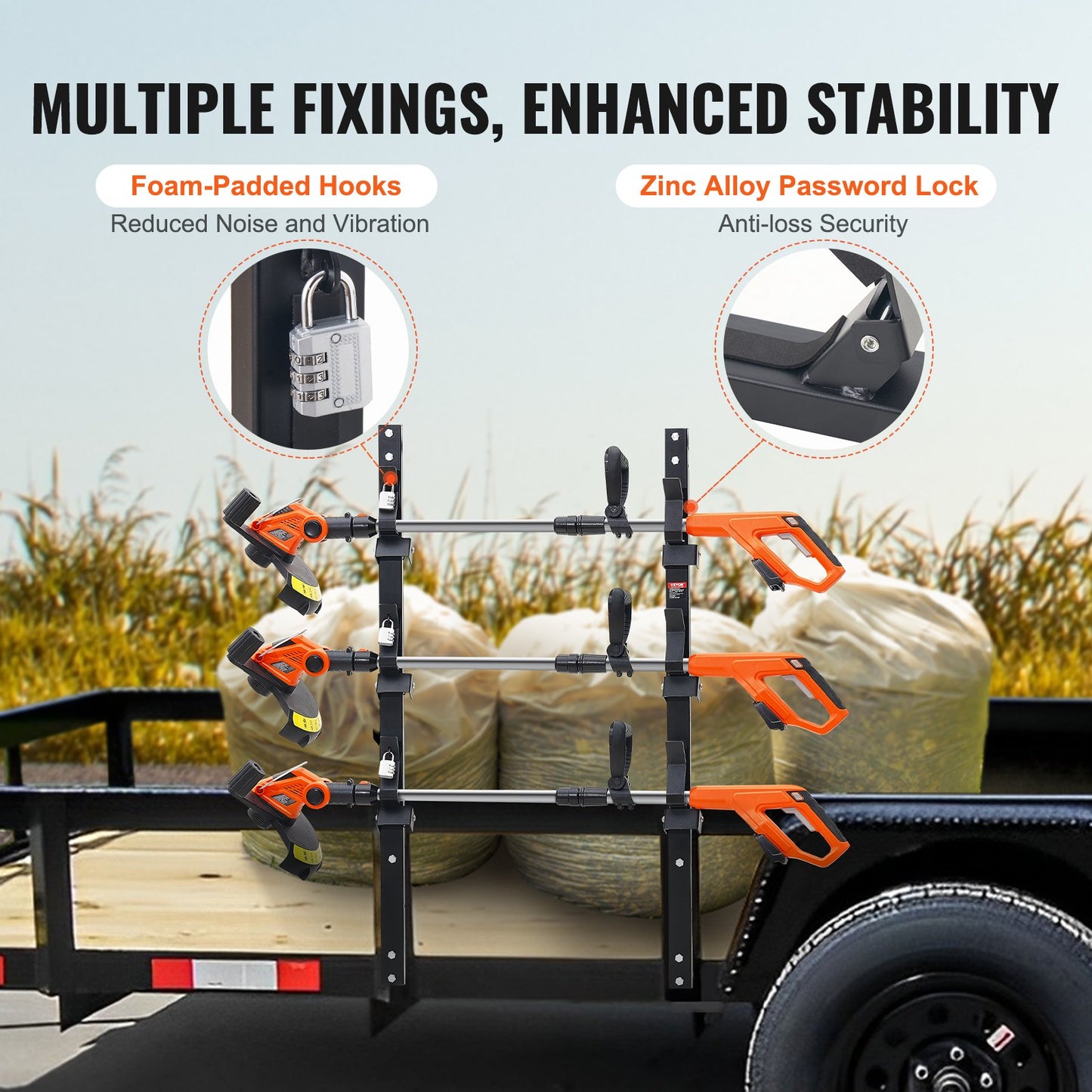 VEVOR 3-Place Weeder Trimmer Rack Holder for Open Landscape Trailer Lockable