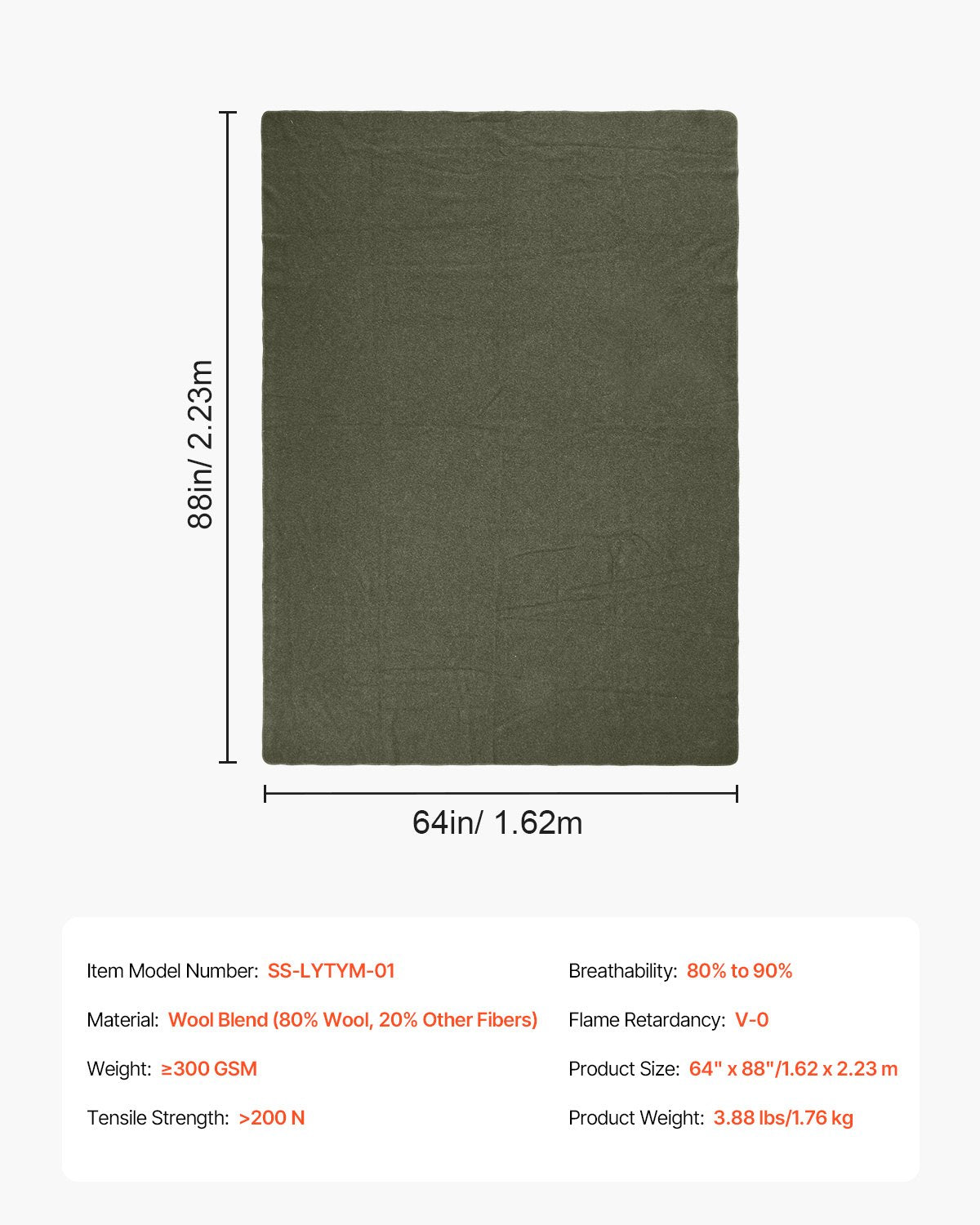 VEVOR Wool Camping Blanket 1.62 m x 2.23 m for Camping Hiking Travel Army Green