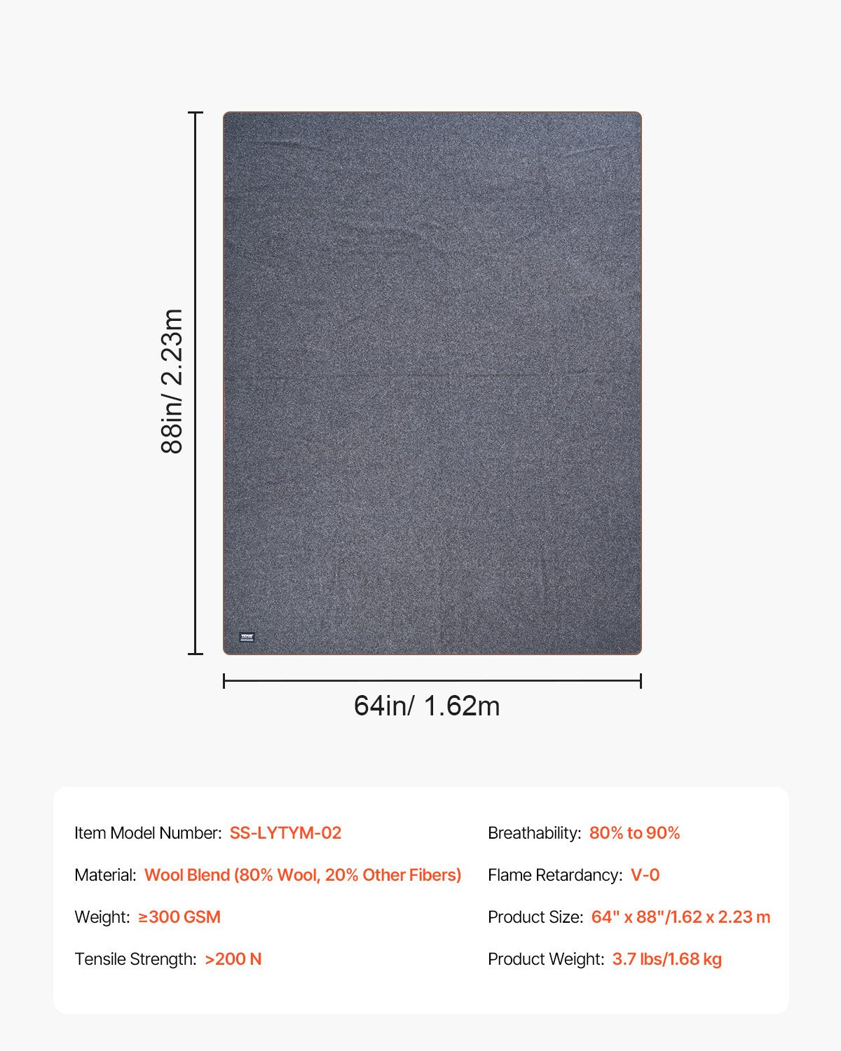 VEVOR Wool Camping Blanket 1.62 m x 2.23 m for Camping Hiking Travel Light Grey