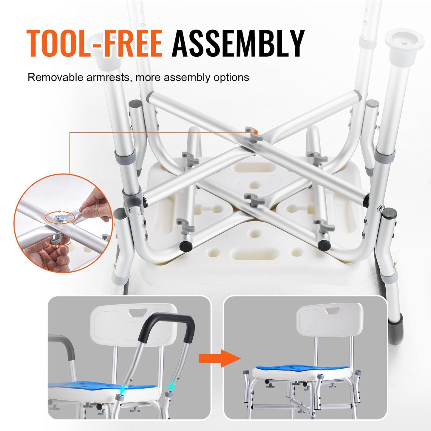 Adjustable Height Shower Chair with Padded Arms and Back, 181.4 kg Capacity